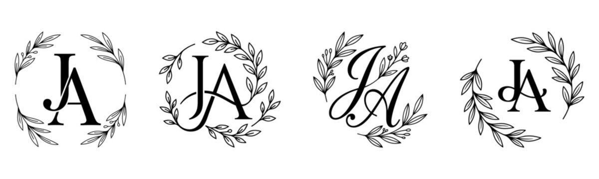 JA Monogram Set with Elegant Botanical Wreath and Floral Initial Letters Vector