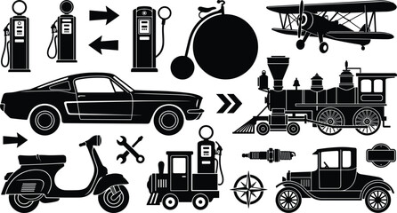 Vintage transportation icon set vector illustration featuring classic car locomotive airplane scooter gas pump high wheel bicycle silhouette clip art © Rakib