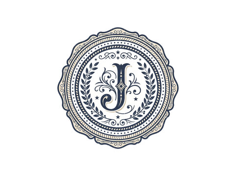 Elegant vintage letter j monogram emblem featuring intricate floral flourishes and decorative circular borders in dark blue and cream colors designed as a professional luxury branding logo on transpar