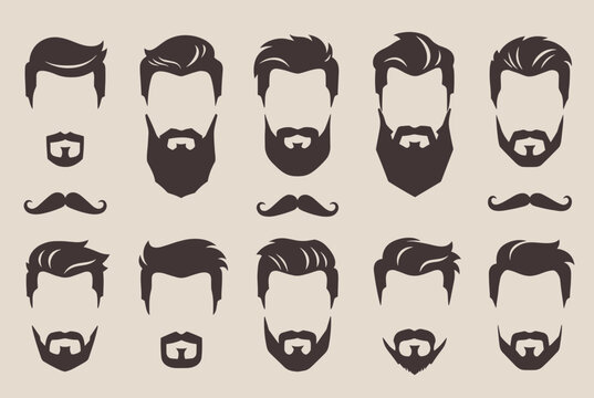 Grooming chart showing various stylish men hairstyles, beard cuts, and mustaches in a dark brown vector graphic.