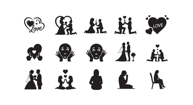 A collection of black silhouette icons depicting various aspects of love, relationships, emotions, and personal struggles.