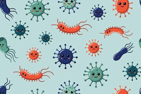 Playful seamless pattern of cute colorful microbes, viruses, and bacteria with happy smiling faces on a light green background.