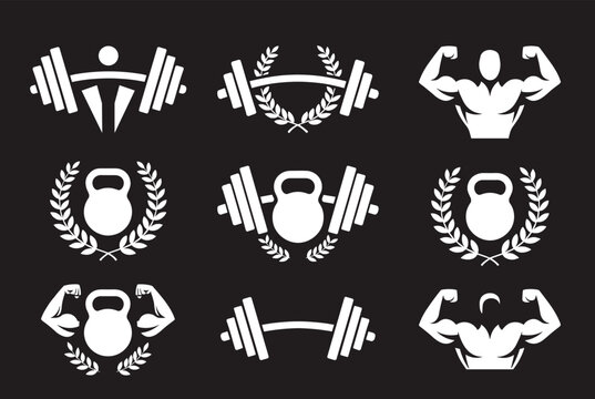 Comprehensive set of bodybuilding and gym logos featuring barbells, kettlebells, flexing muscles, and laurel wreaths.