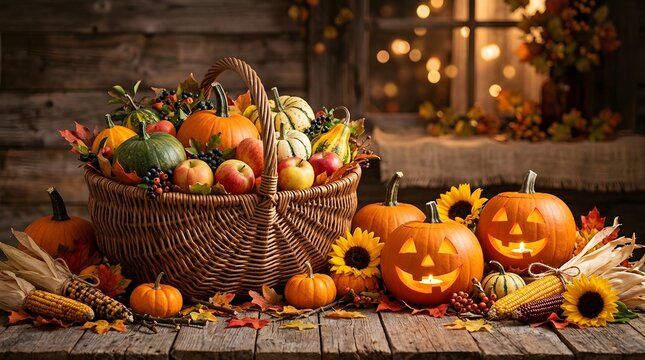 Festive halloween harvest pumpkins apples and autumn decor for a spooky season celebration