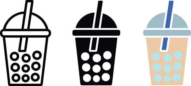 Boba tea drink cup icons featuring bubble milk with tapioca pearls in flat, solid, and line styles for cafe menus and beverage in outline style