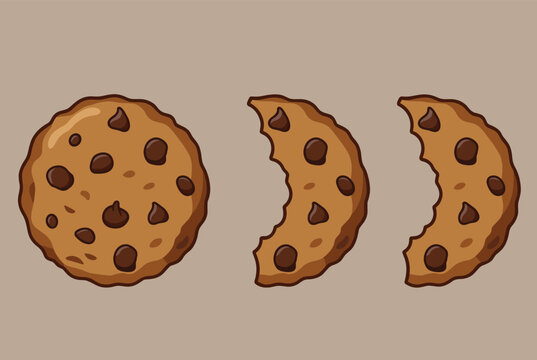 Freshly baked chocolate chip cookies including one whole cookie and two half bitten cookies on beige background.