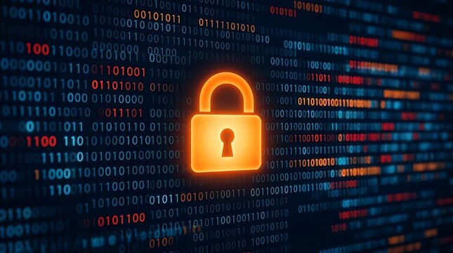 Orange padlock on background of colorful binary code security data