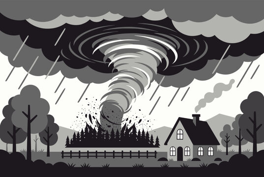 Dramatic monochrome illustration of a powerful tornado cyclone destroying trees next to a small residential house.