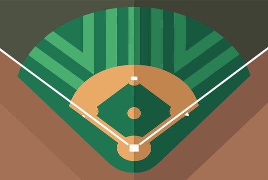 Symmetric overhead vector diagram of a green baseball field stadium layout with standard white base markings.