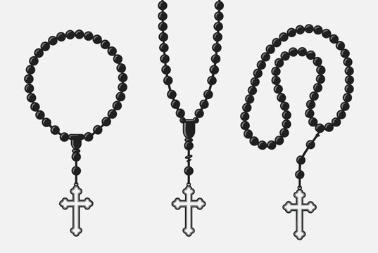 Three different arrangements of black rosary beads with white crucifix crosses isolated on a light gray background.
