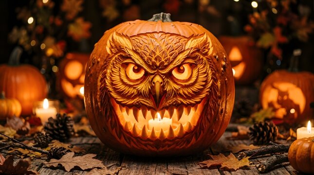 Spooky halloween owl carved pumpkin with candles festive autumn decor for a haunting halloween night