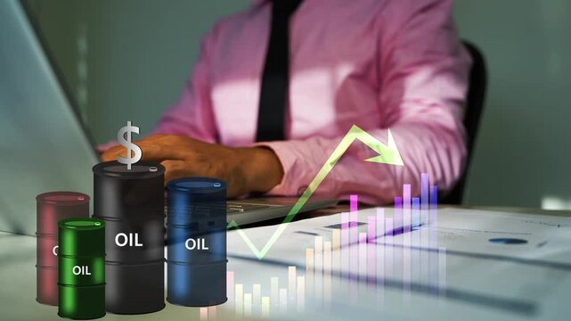Businessman using a laptop with holographic oil container and business graph bar animation on the screen