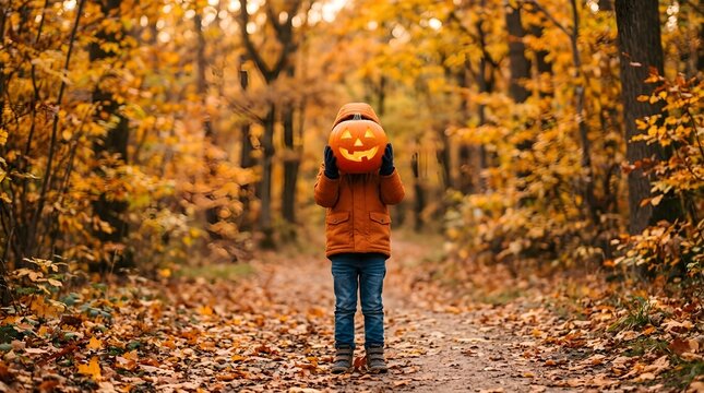 Charming halloween scene child holding jack o' lantern in autumn forest festive fall holiday concept