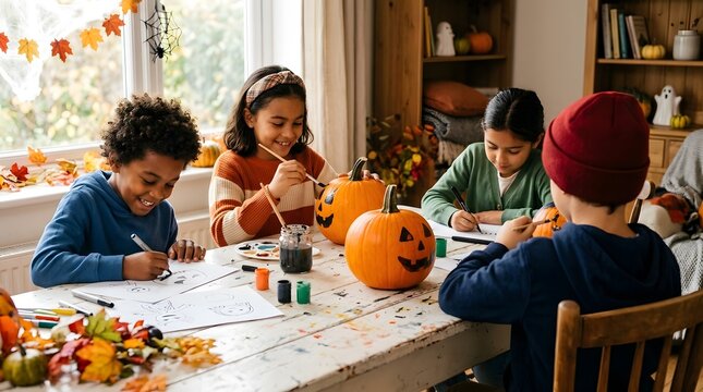 Festive halloween pumpkin painting kids enjoying autumn crafts and spooky decorations at home