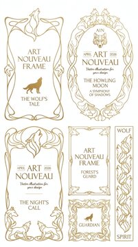 Elegant art nouveau frames featuring detailed wolf and woodland motifs suitable for nature or gothic display