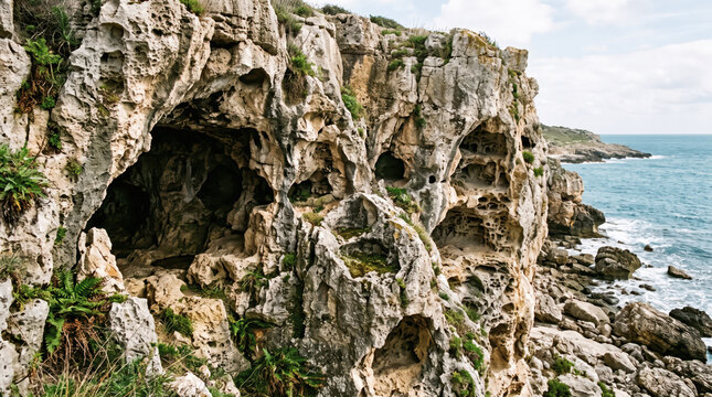 Coastal cliffs display rugged stone textures overlooking the turbulent blue ocean.