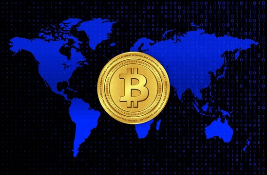 Bitcoin-BTC cryptocurrency logos drawings on digital background.