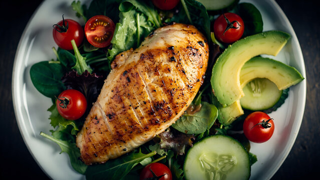 Grilled chicken fillet with salad. Keto, ketogenic, paleo diet. Healthy food. Diet lunch concept. Top view, overhead, copy space