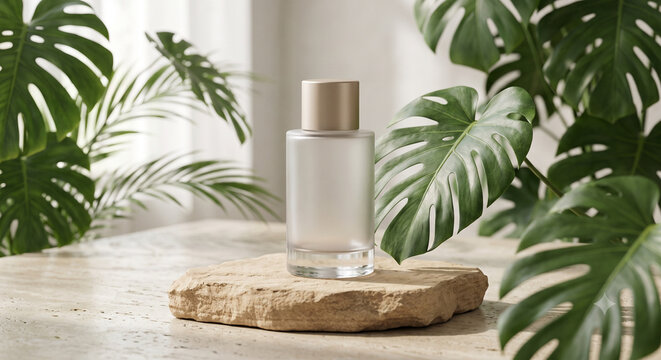 Luxury cosmetic bottle on minimalist stone podium
