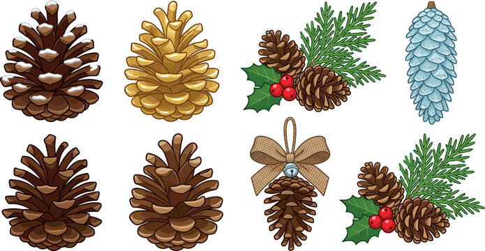 Realistic Pinecone Vector Element Set with Snowy, Golden, Icy, and Botanical Cedar Holly Foliage Arrangements for Rustic Christmas Holiday Decor Designs
