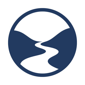 Winding river through hills blue icon as isolated element