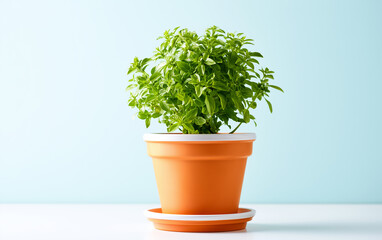 Fototapeta premium Green plant in orange pot with white rim, healthy leaves, indoor decoration, minimal background, fresh atmosphere