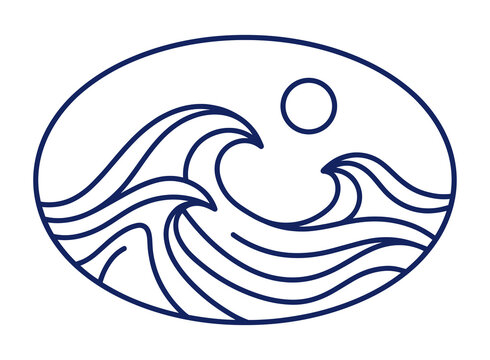Minimalist ocean wave line art illustration in an oval frame as PNG cutout