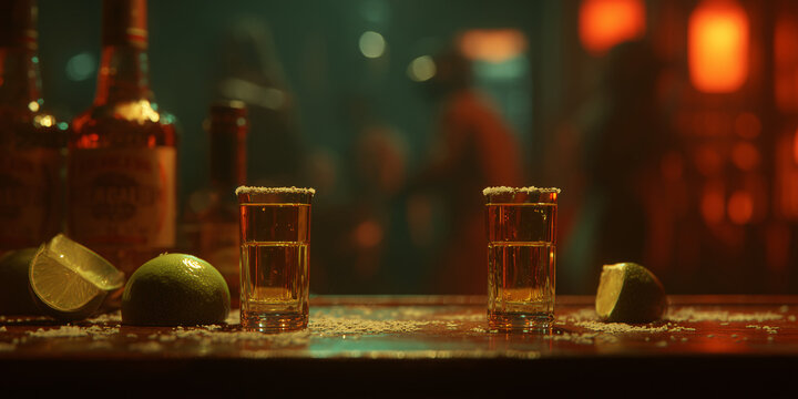 Two shot glasses filled with tequila, garnished with lime and salt, sit on a bar counter in a dimly lit, atmospheric setting. The background shows blurred figures, suggesting a lively night out