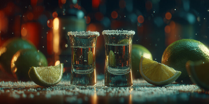 Two shot glasses filled with tequila, rimmed with salt, sit between lime slices and salt on a bar, with bokeh lights in the background