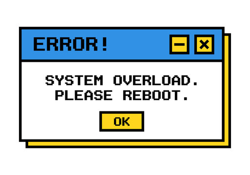 Retro pixel art error dialog box with system overload message as transparent object