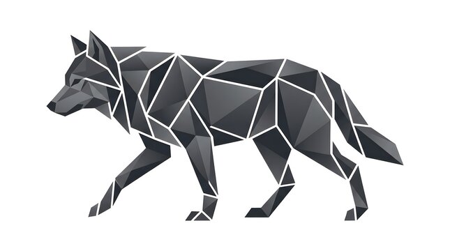 Geometric low poly wolf illustration in dark grey shades, isolated on white background