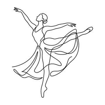 Minimalist continuous line art drawing of a graceful ballerina performing a as isolated object