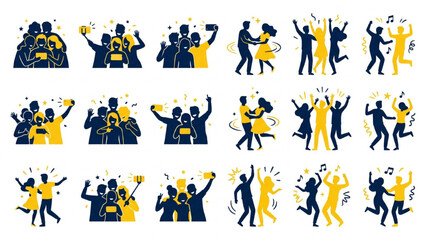 Fototapeta premium Friendship Day Silhouette Icons, Friends Taking Selfie and Dancing Together Vector Sheet, Minimalist Two Color Graphic Asset on White Background