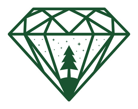 Diamond shaped logo featuring pine tree and starry sky as transparent object