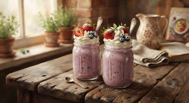 Two Berry Smoothies on a Rustic Table