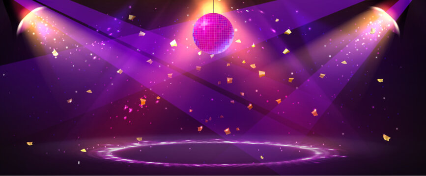 Disco club party background with mirror ball, golden confetti, neon lights and sparkles on dark purple backdrop. Realistic vector illustration for nightclub flyers, dance or music event poster design