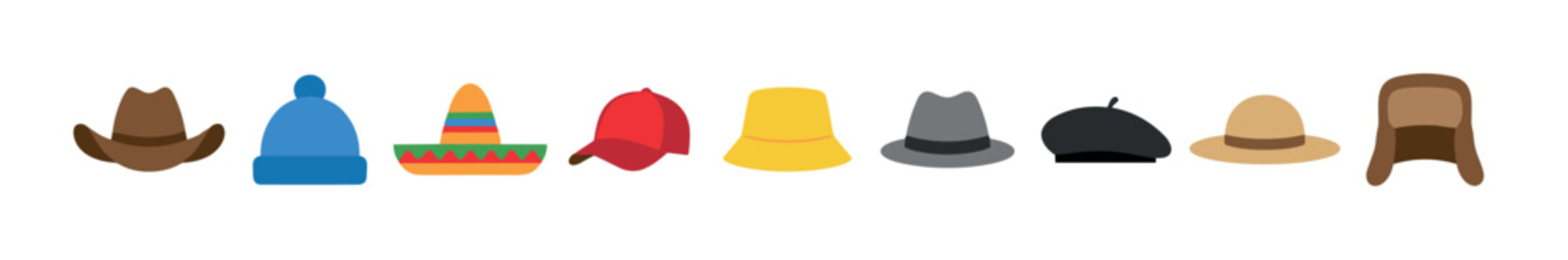 Different types of colorful hats and headwear are neatly arranged in a horizontal row, showcasing a diverse collection of styles and designs.