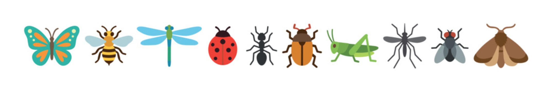 Various colorful cartoon insects and bugs including a butterfly, bee, dragonfly, ladybug, ant, beetle, grasshopper, mosquito, fly, and moth in a flat vector style.