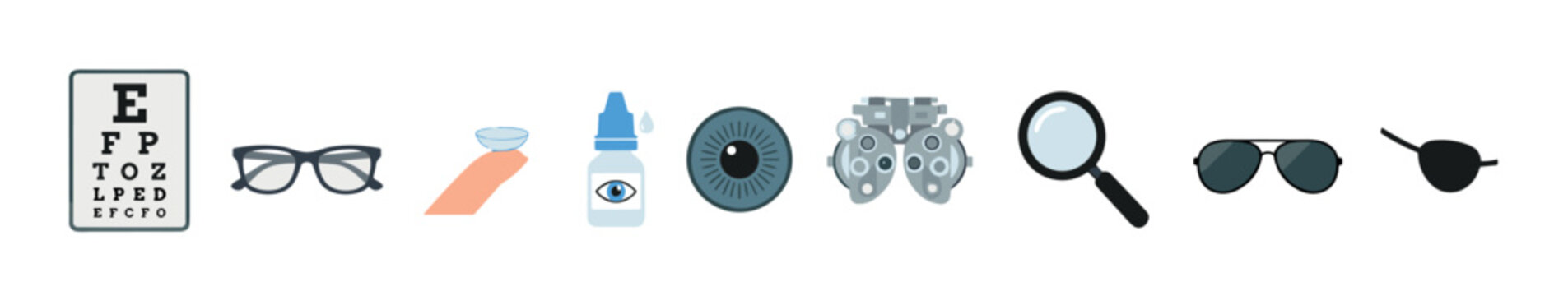 Comprehensive collection of vision care items and ophthalmology tools for eye health and optical correction, including charts, glasses, and lenses.