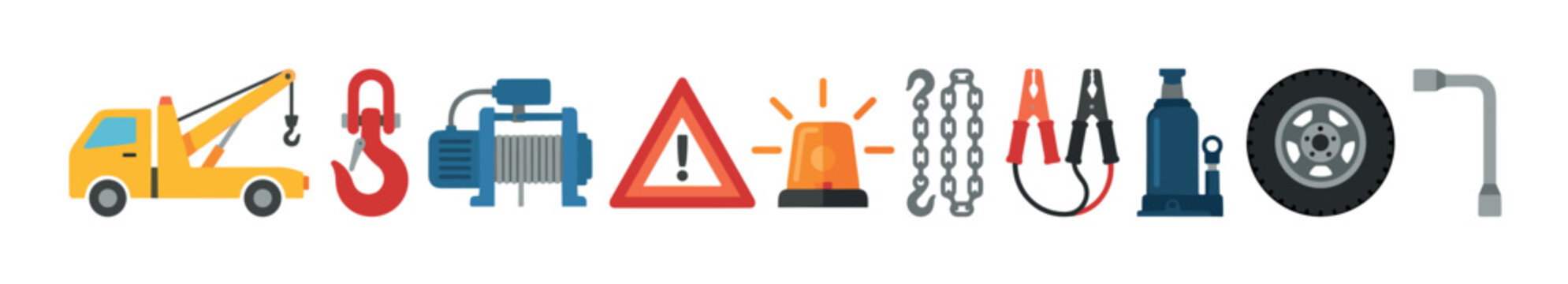 Roadside assistance equipment set for vehicle emergencies including a tow truck, warning sign, jumper cables, and tire changing tools.