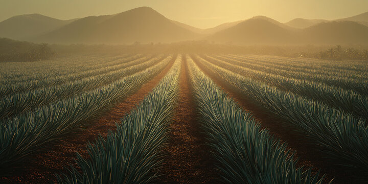 An agave field bathed in the warm glow of sunrise, with rows of plants stretching towards misty mountains