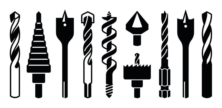 Various types of drill bits for different materials and applications, showcasing a comprehensive collection of essential drilling tools.
