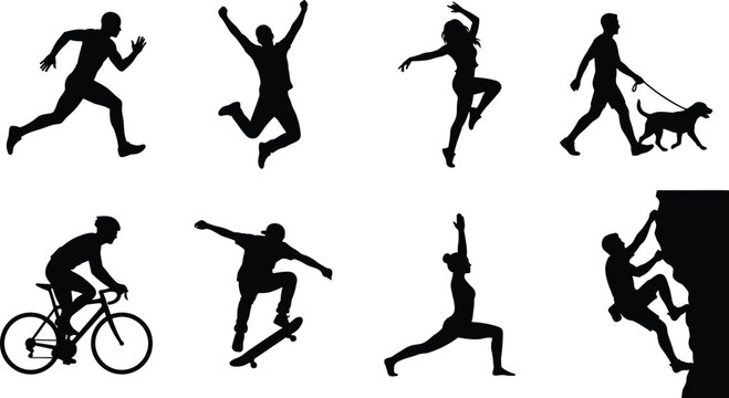 Active people and sports black silhouette icons set featuring running jumping dancing dog walking cycling skateboarding yoga and rock climbing