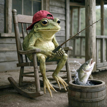 A frog wearing a red cap is sitting in a wooden rocking chair, fishing in a wooden whisky barrel on the porch of a rustic cabin
