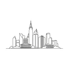 Obraz premium Continuous single line drawing of modern city skyline with skyscrapers.