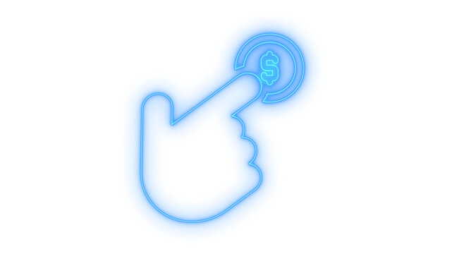Glowing neon pay per click hand icon isolated on transparent background. Digital payment symbol. Money transaction. Finance button. Touch screen gesture.