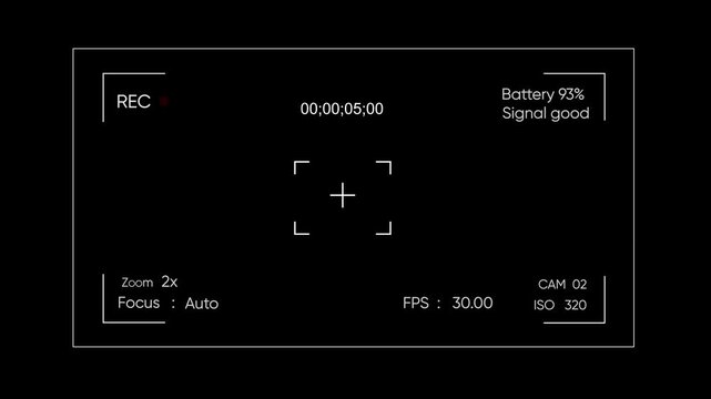 Digital camera recording overlay interface with rec indicator and technical data display viewfinder