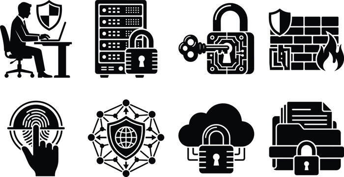 Cyber security and data protection black silhouette icons set featuring server lock firewall fingerprint scanner network and cloud safety
