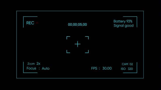 Digital camera viewfinder overlay with recording hud interface, cinematic camera display, technology ui for filmmaking and broadcast production