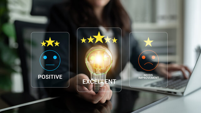 Business professional evaluating performance with light bulb concept, showcasing positive, excellent, and needs improvement feedback indicators for creativity. Sentient.